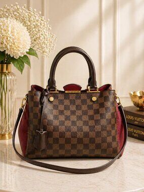 Authentic Louis Vuitton Brittany Damier Ebene Red Leather Satchel Crossbody